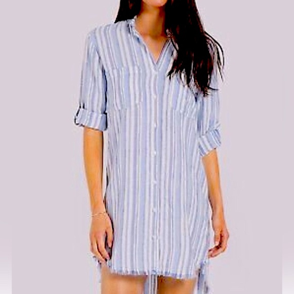 Cloth & Stone Linen Blend Striped Frayed Tunic Dress